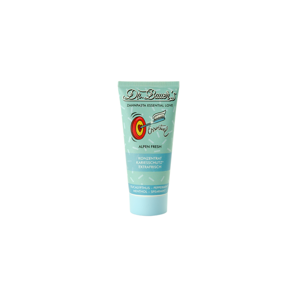 Eine hellblaue Tube von Dr. Bauer's Zahnpasta Essential Love Alpen Fresh 50ml mit Fronttext und Logos bietet Karies-Schutz und langanhaltende Frische.