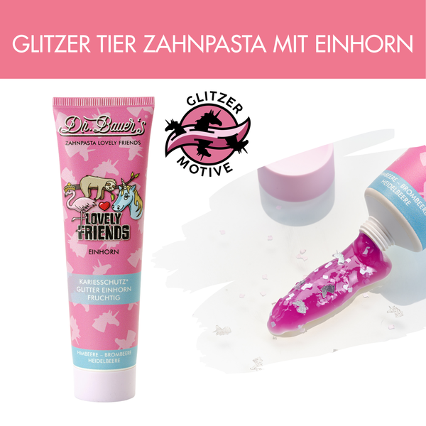 Die Zahnpasta Lovely Friends Lieblingsedition (3x 90ml) von Dr. Bauer hat eine Einhorn-Verpackung, lila Gel mit Glitzersternen, ist fluoridiert für starke Zähne und wird in einer nachhaltigen Verpackung geliefert.
