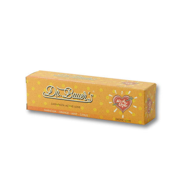 Dr. Bauer's Zahnpasta Active Love Exotic Love 90ml bietet tropische Pflege mit Maracuja-, Orangen-, Minze- und Zitrusaromen in einer leuchtend orangefarbenen Box.