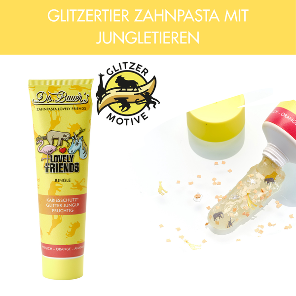 Dr. Bauer's Zahnpasta Lovely Friends Lieblingsedition (3x90ml): Nachhaltige gelbe Tube mit Dschungeltieren, glitzerndem Gel und als Glitzertier Zahnpasta beschriftet.