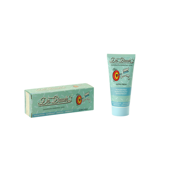 Dr. Bauer's Zahnpasta Essential Love Alpen Fresh 50ml sorgt mit grünen und roten Akzenten für langanhaltende Frische und effektiven Karies-Schutz.