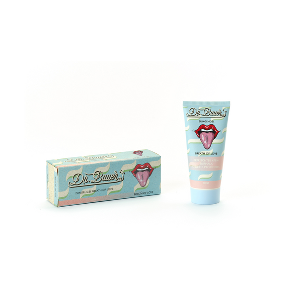 Eine 50ml-Tube und Schachtel Dr. Bauer's Zungengel Breath of Love Zahnpasta mit Lippen- und Zungenmotiv für frischen Atem und sanfte Zungenpflege von Dr. Bauer's.