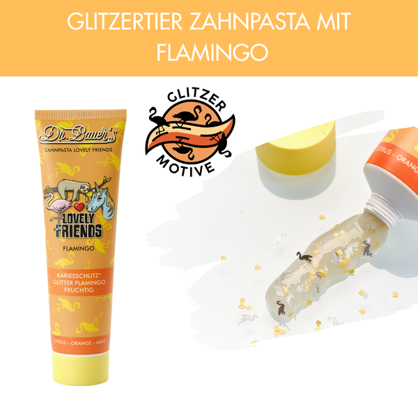 Dr. Bauer's Zahnpasta Lovely Friends Lieblingsedition (3x 90ml) zeigt sich mit orangefarbenen Akzenten, Glitzer und Flamingo-Formen in nachhaltiger Verpackung gepresst.