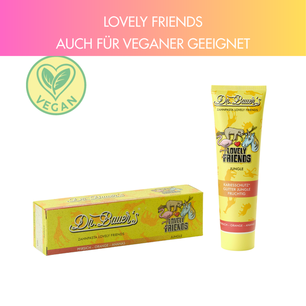 Dr. Bauer's Zahnpasta Lovely Friends Lieblingsedition (3x 90ml) in gelben veganen Tuben mit nachhaltiger Verpackung, abgebildet mit ihren Schachteln vor einem pastellfarbenen Farbverlaufshintergrund.