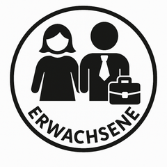 Stilisiertes Symbol zweier Erwachsener – eine Person mit Krawatte und Aktentasche, eine weitere mit eher neutraler Kleidung – eingeschlossen in einem Kreis mit dem Wort ‚ERWACHSENE‘ darunter. Steht für Zielgruppe Erwachsene oder berufstätige Personen.