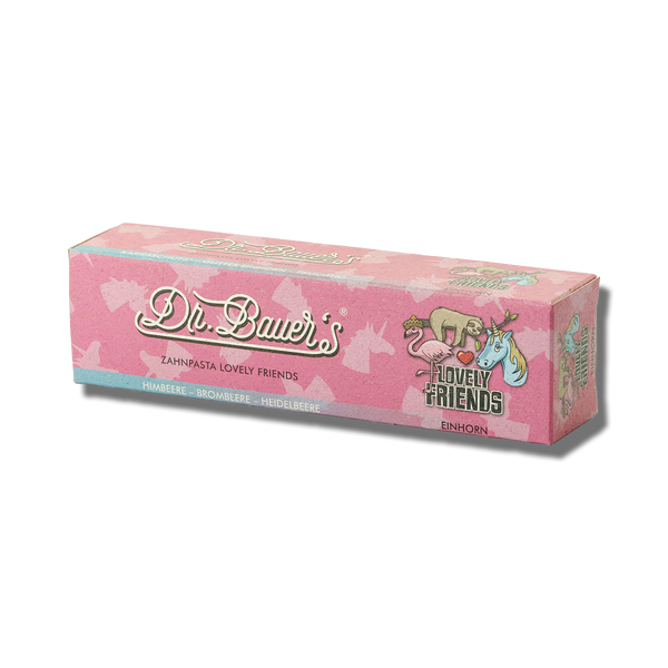 Eine rosafarbene 90-ml-Box „Lovely Friends Einhorn“ von Dr. Bauer's Zahnpasta mit Tier- und Einhornillustrationen und dem Text „Lovely Friends“.