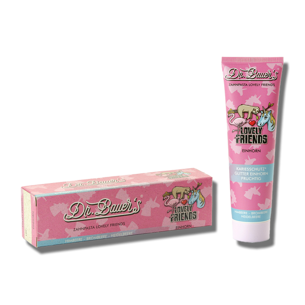 Dr. Bauers Zahnpasta Lovely Friends Einhorn 90 ml hat ein lustiges Einhorn-Design, wodurch diese Kinderzahnpasta perfekt dazu geeignet ist, das Zähneputzen zu einer angenehmen Aktivität zu machen!.