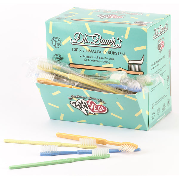 Eine Schachtel Dr. Bauer's Einmalzahnbürsten -STROH- 100er MIX (orange/grün/blau/gelb) enthält bunte, zum Teil einzeln verpackte Einwegzahnbürsten aus biologisch abbaubaren Materialien für umweltfreundliches Putzen.