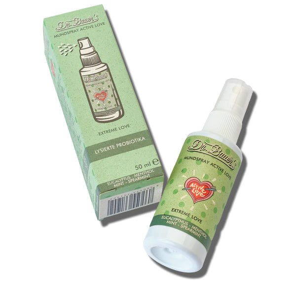 Eine Flasche und eine Schachtel von Dr. Bauer's Extreme Love Mundspray 50ml mit der Marke Dr. Bauer's, die antibakterielle Wirkung und intensive Frische versprechen, dargestellt auf weißem Hintergrund.