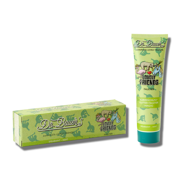 Dr. Bauer's Zahnpasta Lovely Friends Faultier 90ml, mit tierischen Motiven, macht Zahnputzen für Kinder zum Vergnügen und unterstützt die Zahngesundheit.