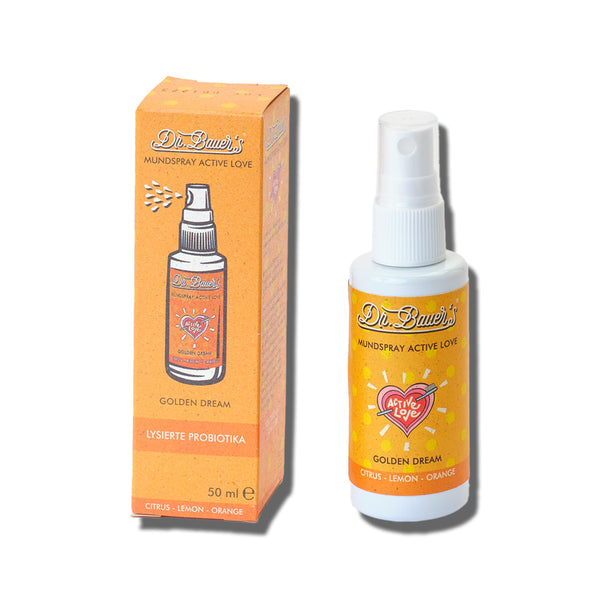 Dr. Bauer’s Golden Dream Mundspray 50 ml von Dr. Bauer’s bietet mit jedem Sprühstoß einen frischen Zitrus-, Zitronen- und Orangengeschmack, alles in einer leuchtend orangefarbenen Box.