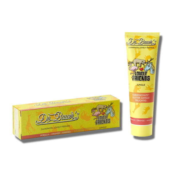 Dr. Bauers Zahnpasta Lovely Friends Jungle 90ml ist mit lustigen Tierillustrationen auf der Tube und der Schachtel versehen und somit perfekt für Kinderzähne, mit einem leckeren Orangengeschmack.