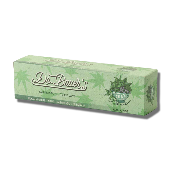 Dr. Bauer's Zahnpasta Fruits of Love Koala Kiss 90ml – grüne Box mit Eukalyptus, Minze, Menthol und grüner Minze.