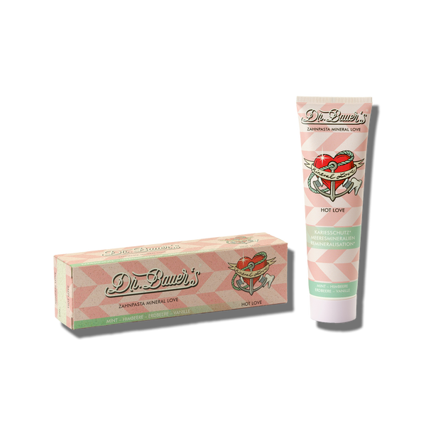 Dr. Bauer‘s Zahnpasta Mineral Love Hot Love 90ml verfügt über ein Herz- und Pfeil-Design und liefert erfrischende Minze für ein frisches, romantisches Lächeln.