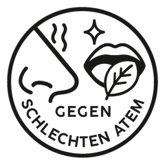 A circular icon with a nose, lips holding a leaf, a sparkle, and the German text "Gegen schlechten Atem," meaning "Against bad breath.