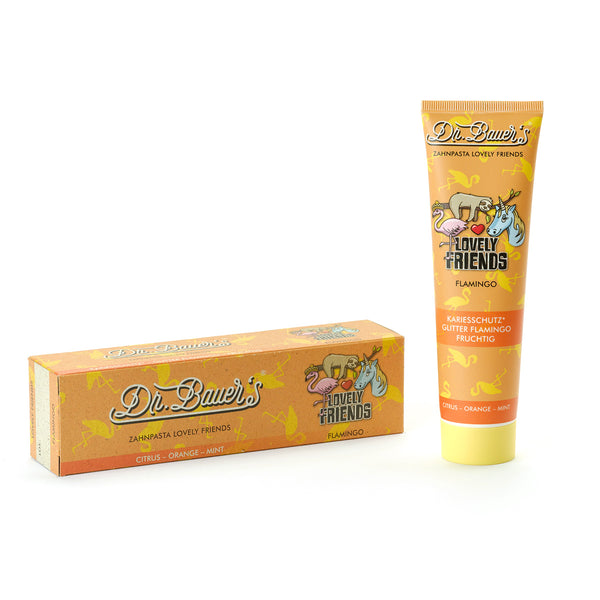 Das Zahnpasta Lovely Friends Probier-Set (6x 90ml) von Dr. Bauer zeichnet sich durch bunte Tierillustrationen und eine Verpackung mit Zitrusfrüchten in Orange aus und enthält Xylitol für zusätzliche Mundpflege.