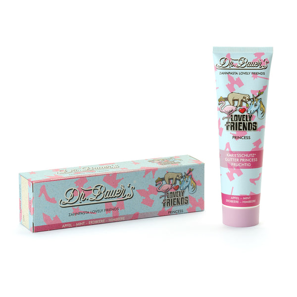Dr. Bauer's Zahnpasta Lovely Friends Probier-Set (6x 90ml) mit verspielten Designs in rosa, blau und pferdeähnlichen Motiven und Xylitol für zusätzliche Pflege.