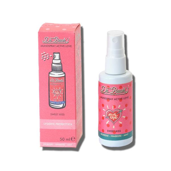 Dr. Bauer's Sweet Kiss Mundspray 50ml – für fruchtig-frischen Atem in Erdbeer-, Himbeer- und Minzgeschmack, antibakteriell für langanhaltende Frische, in pinker Box.
