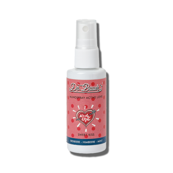 Eine 50-ml-Flasche Dr. Bauer’s Sweet Kiss Mundspray mit Erdbeere, Himbeere und Minze für erfrischenderen Atem und bessere Mundgesundheit.