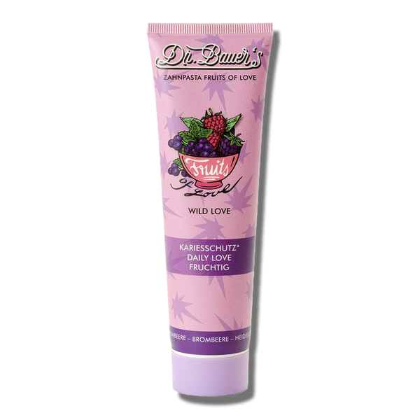 Dr. Bauer's Zahnpasta Fruits of Love Wild Love 90 ml – violette Verpackung mit Fruchtgrafiken, mit natürlichem Beerengeschmack.