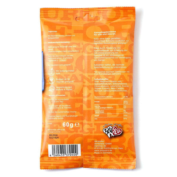 Rückseite einer 60-g-Packung Xylinetten Orange-Ingwer von Dr. Bauer mit Nährwertangaben, Barcode und deutschem Text zum Thema Zahngesundheit und Kariesvorbeugung.