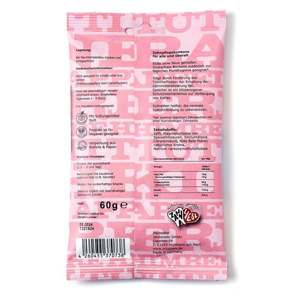 Rückseite der 60-g-Bonbonpackung „Dr. Bauer's Xylinetten Tutti Frutti“ von Dr. Bauer's mit deutschem Text, Anweisungen zur Zahnpflege, Xylitol unter den Zutaten und einem kleinen Zahnmaskottchen.