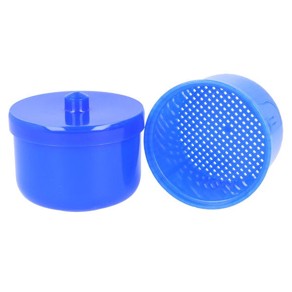 Dr. Bauer's Reinigungsbad-Dose blau: Blauer Kunststoffbehälter mit Deckel und passendem perforiertem Innenkorb – ideal zur Reinigung von Zahnspangen oder Zahnprothesen.