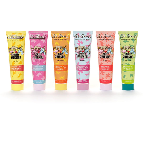 Dr. Bauer's Zahnpasta Lovely Friends Probier-Set (6x 90ml): Sechs themenbezogene, mit Xylitol angereicherte Kinderzahnpasten in verschiedenen Geschmacksrichtungen für zusätzlichen Schutz.