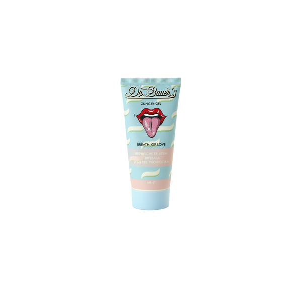Eine 50ml Tube Dr. Bauer's Zungengel Breath of Love mit einem illustrierten offenen Mund auf dem Etikett für frischen Atem.
