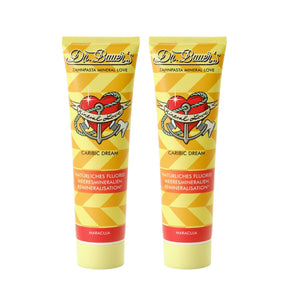 Zwei Dr. Bauer's Zahnpasta Mineral Love Caribic Dream 90ml Tuben mit einem Herz- und Ankerdesign, angereichert mit Meeresmineralien-ideal für empfindliche Zähne. 2er Pack.