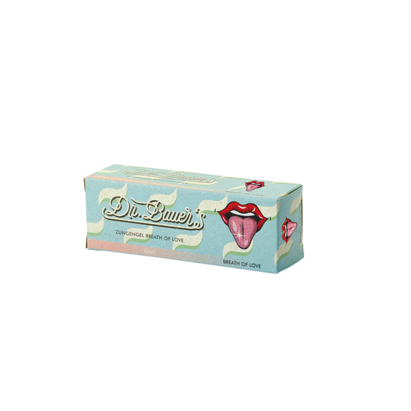 Eine Dr. Bauer's Zungengel Breath of Love 50ml Dose, mit illustrierten roten Lippen und Zunge auf blauem Hintergrund - perfekt für frischen Atem, genau wie die Zungenreiniger Kollektion.