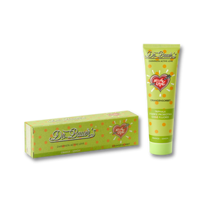 Dr. Bauer's Zahnpasta Active Love Orangen Sorbet 90ml - fluoridfreie Zahnpasta für sanfte Pflege bei empfindlichem Zahnfleisch, in dekorativer Tube und Box mit Herz- und Fruchtmotiven auf schwarzem Hintergrund.