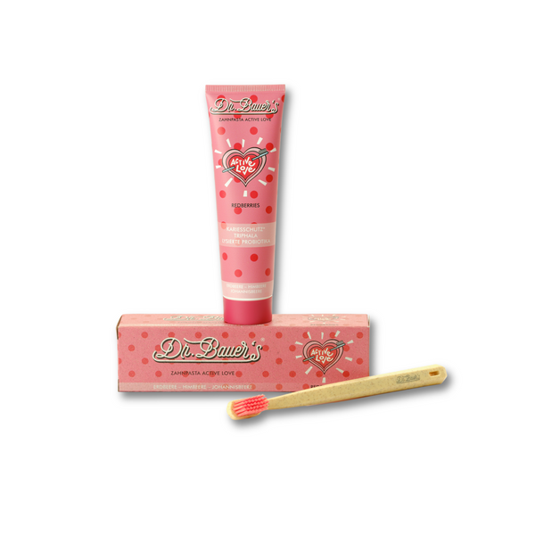 Dr. Bauer's Zahnpasta Active Love Redberries 90ml und Bambus-Zahnbürste mit roten Borsten - natürliche Mundpflege mit Probiotika.