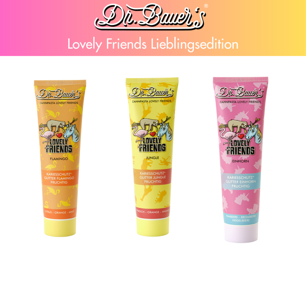 Drei Tuben der Dr. Bauer's Zahnpasta Lovely Friends Lieblingsedition (3x 90ml) mit Tiermotiven und nachhaltiger Verpackung werden auf weißem Hintergrund präsentiert.