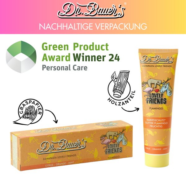 Dr. Bauer's Zahnpasta Lovely Friends Lieblingsedition (3x90ml) - nachhaltige Verpackung, erhältlich in erfrischenden Citrus-, Orangen- und Minzsorten.