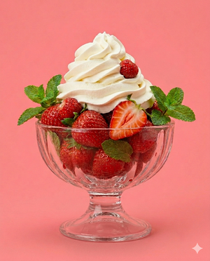 Eine Glasschale gefüllt mit Erdbeeren, Minzblättern und Schlagsahne vor einem rosa Hintergrund.