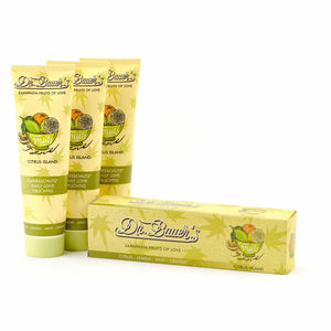 Drei Tuben Dr. Bauer's Zahnpasta Fruits of Love Citrus Island 90ml (3er Pack) - ideal für eine erfrischende, fruchtige Mundpflege.