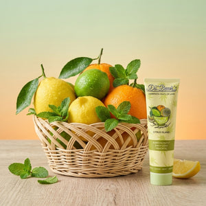 Ein Weidenkorb mit Zitronen, Limetten, Orangen, Minzblättern und einer Tube Dr. Bauer's Zahnpasta Fruits of Love Citrus Island 90ml ergänzt die Zitrusszene auf dem Holztisch um einen frischen Hauch von natürlicher Zahnpflege.