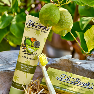 Dr. Bauer’s Citrus Island Zahnpasta, Schachtel und gelbe Zahnbürste vor einem Zitronenbaum