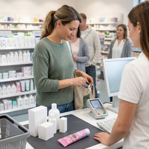 An der Apotheke kauft eine Frau Dr. Bauer's Lovely Friends Einhorn - Kinderzahnpasta mit Glitzer ab 6 Jahren, während eine Kassiererin hilft und andere in der Schlange stehen. Die moderne Schrift Helvetica Neue auf der Beschilderung schafft eine einladende Atmosphäre.