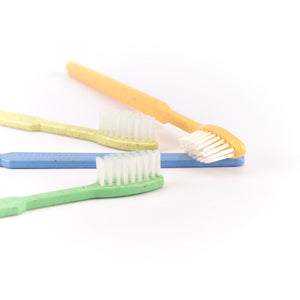 Dr. Bauer's Einmalzahnbürsten -STROH- 100er MIX in orange, grün, blau und gelb liegen auf weißem Hintergrund; jede enthält integrierte Zahnpasta für hygienische Anwendung unterwegs.
