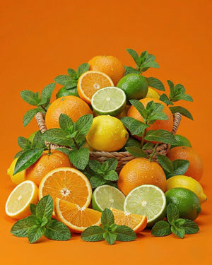Ein Korb mit Orangen, Zitronen und Limetten mit Minzblättern, arrangiert auf einem orangefarbenen Hintergrund.