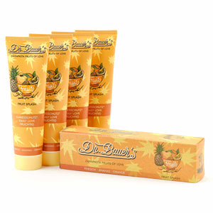 Vier Tuben Dr. Bauer's Zahnpasta Fruits of Love Fruit Splash 90ml, 4er Pack, aromatisiert mit Pfirsich, Ananas und Orange.
