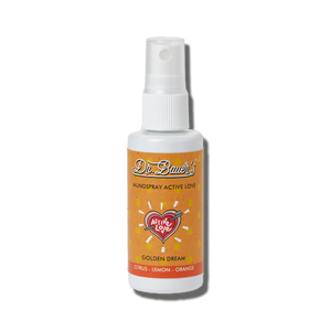 Eine kompakte 50-ml-Sprühflasche mit der Aufschrift „Dr. Bauer’s Golden Dream Mundspray“ bietet zitronige Frische und antibakterielle Wirkung.