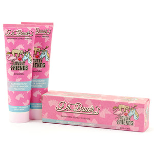 Zwei Tuben Dr. Bauer's Zahnpasta Lovely Friends Einhorn 90ml, 2er Pack, mit bunten Motiven, machen das Zähneputzen für Kinder zum Vergnügen.