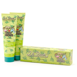 Zwei Tuben Dr. Bauer's Zahnpasta Lovely Friends Faultier 90ml (2er Pack) mit lustigen Zeichentrick-Tieren - ideal für Kinder, die verspielte Designs und sanfte Mundpflege mögen.