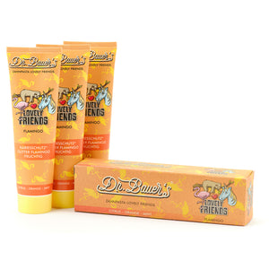 Drei Tuben Dr. Bauer's Zahnpasta Lovely Friends Flamingo 90ml, 3er Pack, mit verspielten Tierillustrationen und stilvoller Verpackung.
