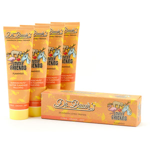 Vier Tuben Dr. Bauer's Zahnpasta Lovely Friends Flamingo 90ml, mit Zitrus-, Orangen- und Minzgeschmack. Marke: Dr. Bauer's.