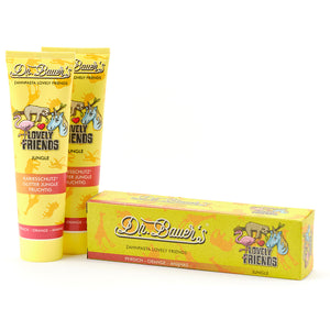 Dr. Bauer's Zahnpasta Lovely Friends Jungle 90ml, 2er Pack-zwei lustige gelbe Tuben mit einer Cartoon-Tier-Box, perfekt für Kinder, die sanfte und angenehme Mundpflege wollen.
