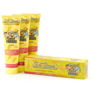 Drei Tuben Dr. Bauer's Zahnpasta Lovely Friends Jungle 90ml, 3er Pack - lustige Tiermotive machen diese sanfte Zahnpasta ideal für Kinder, die verspielte Verpackungen und pflegende Zahnbehandlungen lieben.